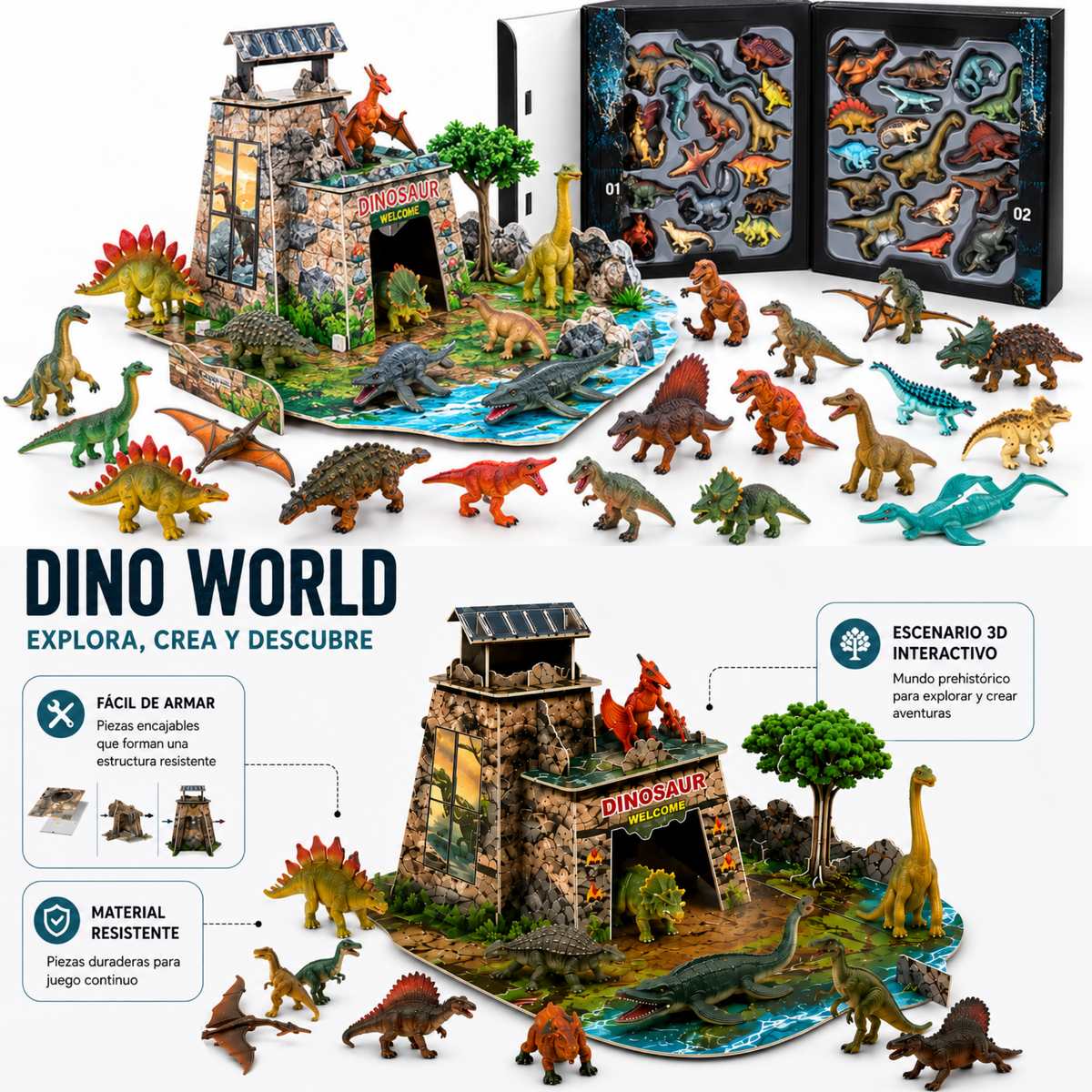 Dinosaurios de Juguete para Niños, Set de 32 Figuras de Dinosaurios + Escenario 3D para Armar, 59 Piezas, Juego de Dinosaurios