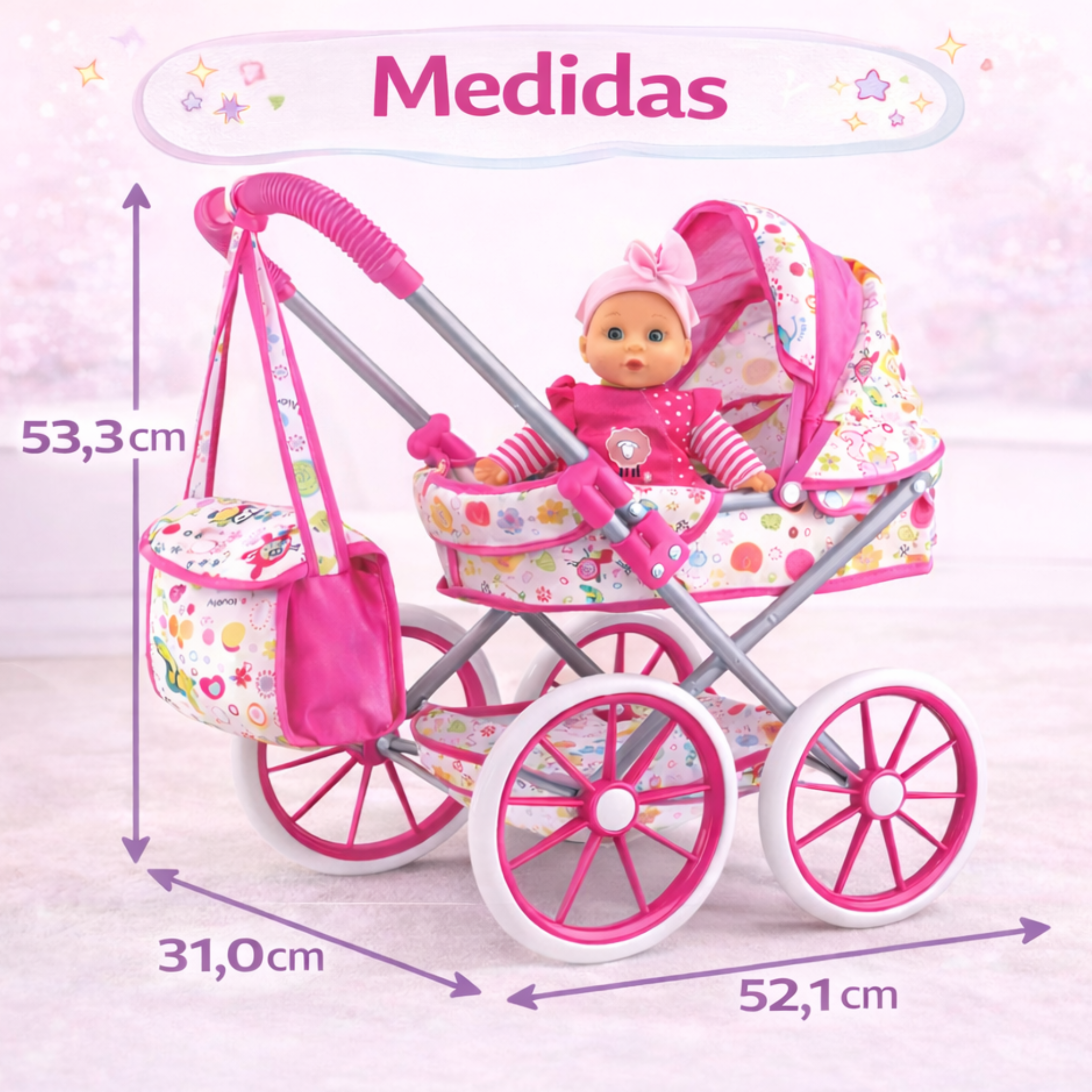 Set de Muñeca Bebé con Carriola y Accesorios