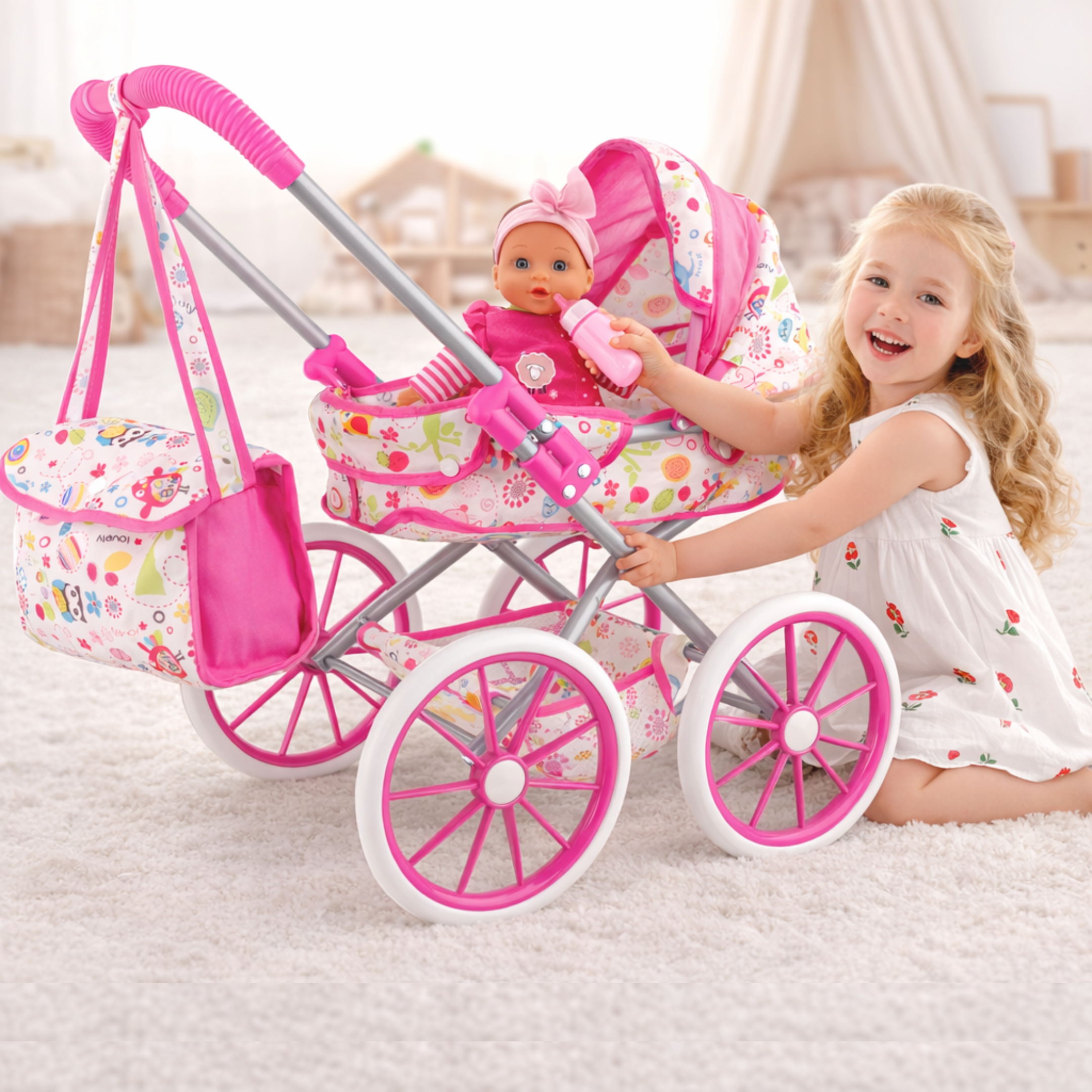 Set de Muñeca Bebé con Carriola y Accesorios
