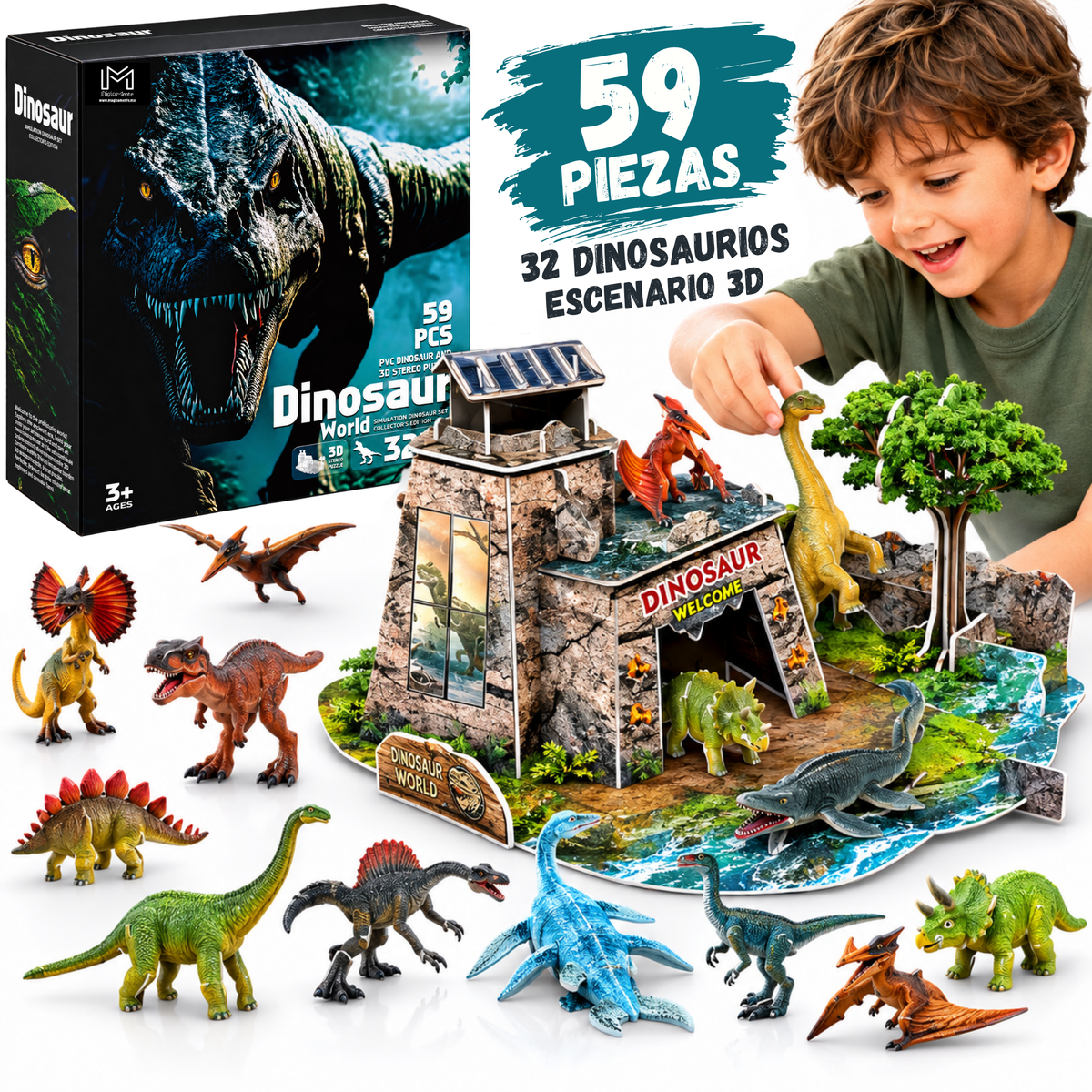 Dinosaurios de Juguete para Niños, Set de 32 Figuras de Dinosaurios + Escenario 3D para Armar, 59 Piezas, Juego de Dinosaurios