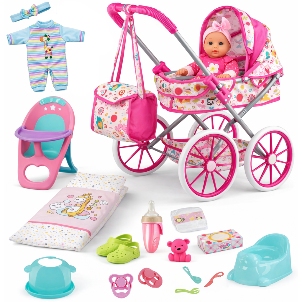 Set de Muñeca Bebé con Carriola y Accesorios