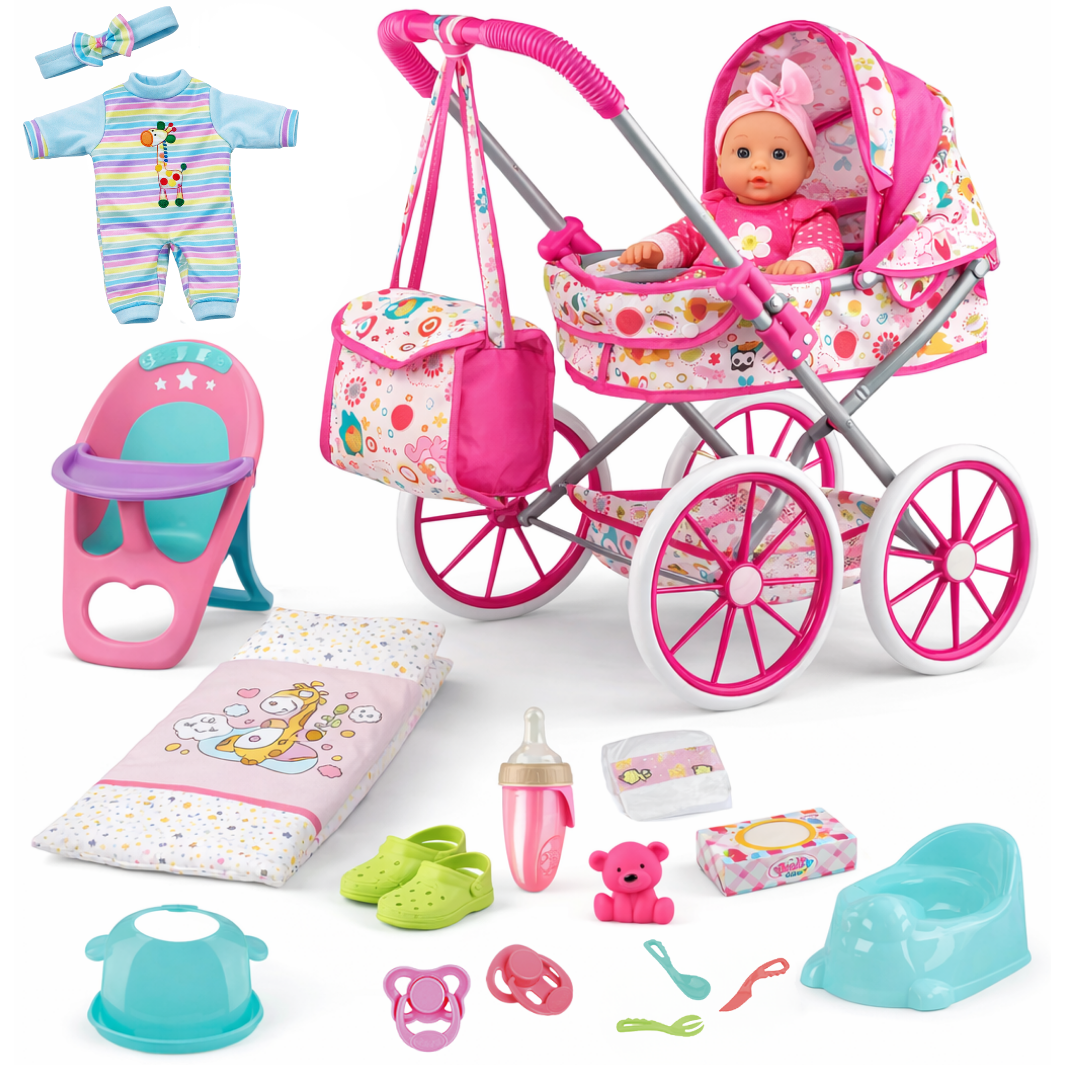 Set de Muñeca Bebé con Carriola y Accesorios