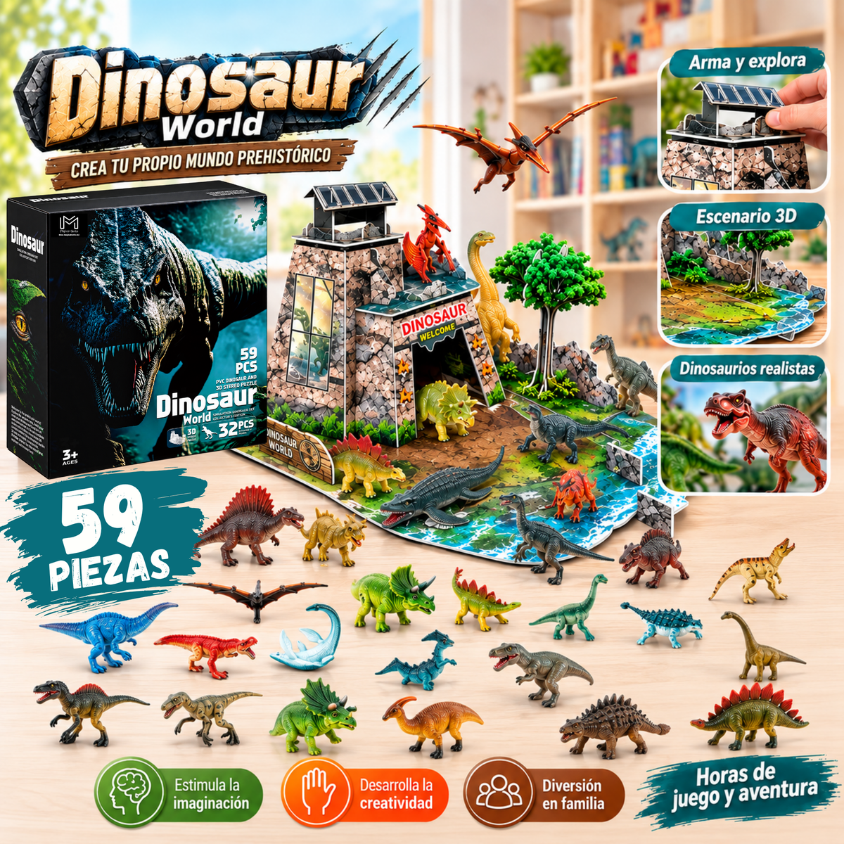 Dinosaurios de Juguete para Niños, Set de 32 Figuras de Dinosaurios + Escenario 3D para Armar, 59 Piezas, Juego de Dinosaurios
