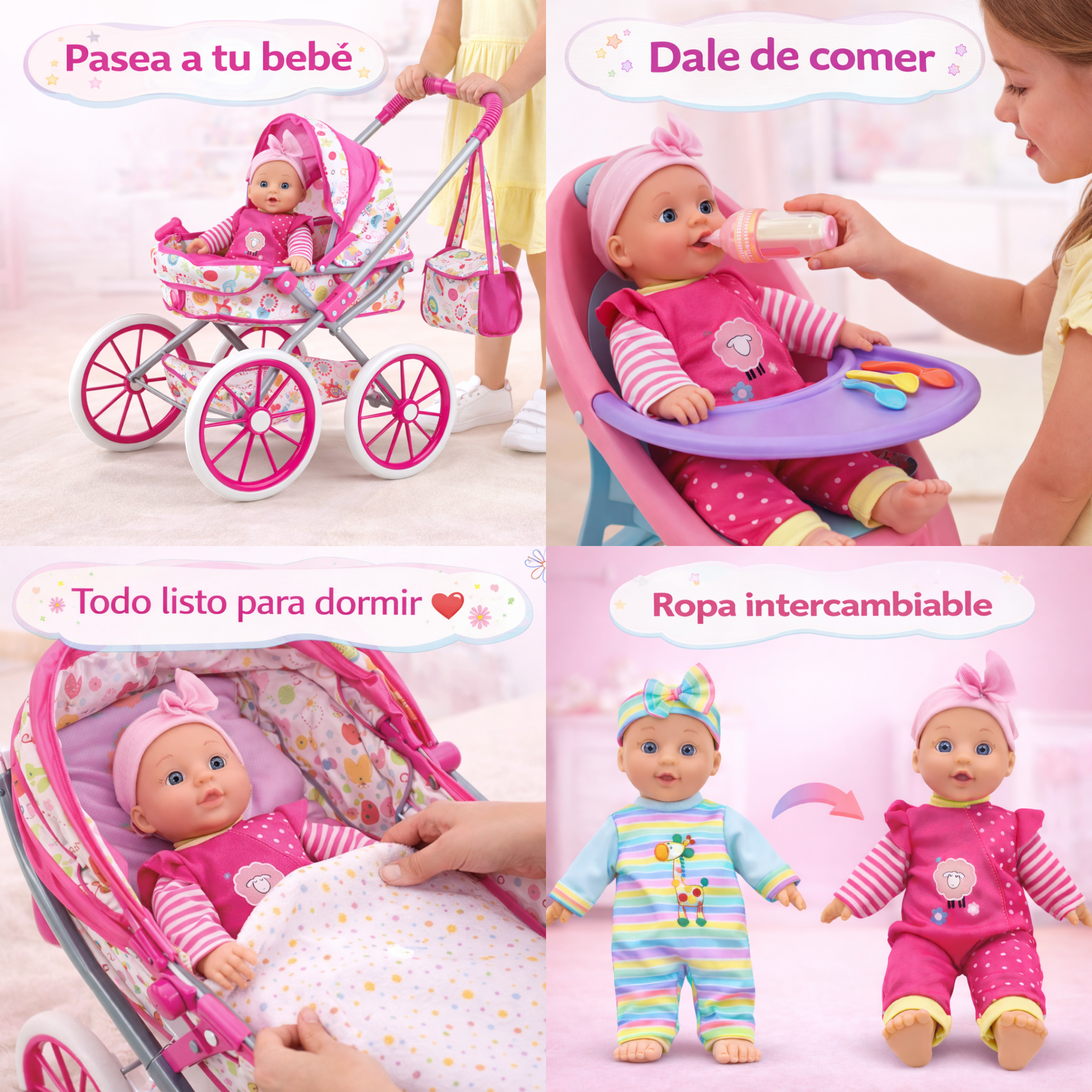 Set de Muñeca Bebé con Carriola y Accesorios