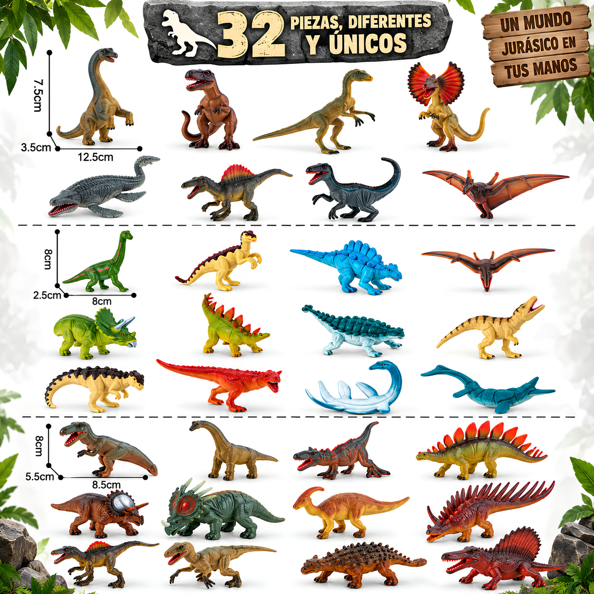 Dinosaurios de Juguete para Niños, Set de 32 Figuras de Dinosaurios + Escenario 3D para Armar, 59 Piezas, Juego de Dinosaurios