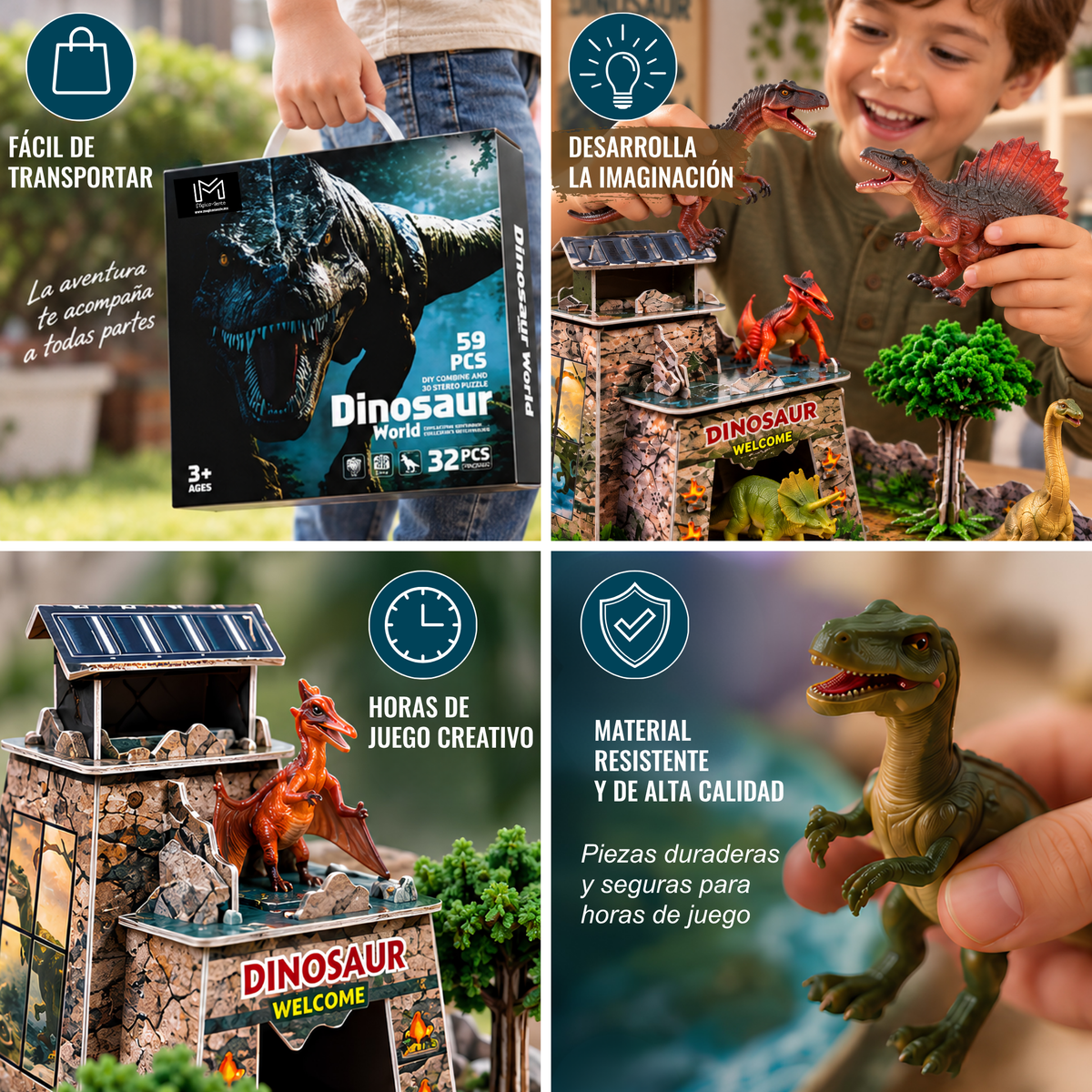 Dinosaurios de Juguete para Niños, Set de 32 Figuras de Dinosaurios + Escenario 3D para Armar, 59 Piezas, Juego de Dinosaurios