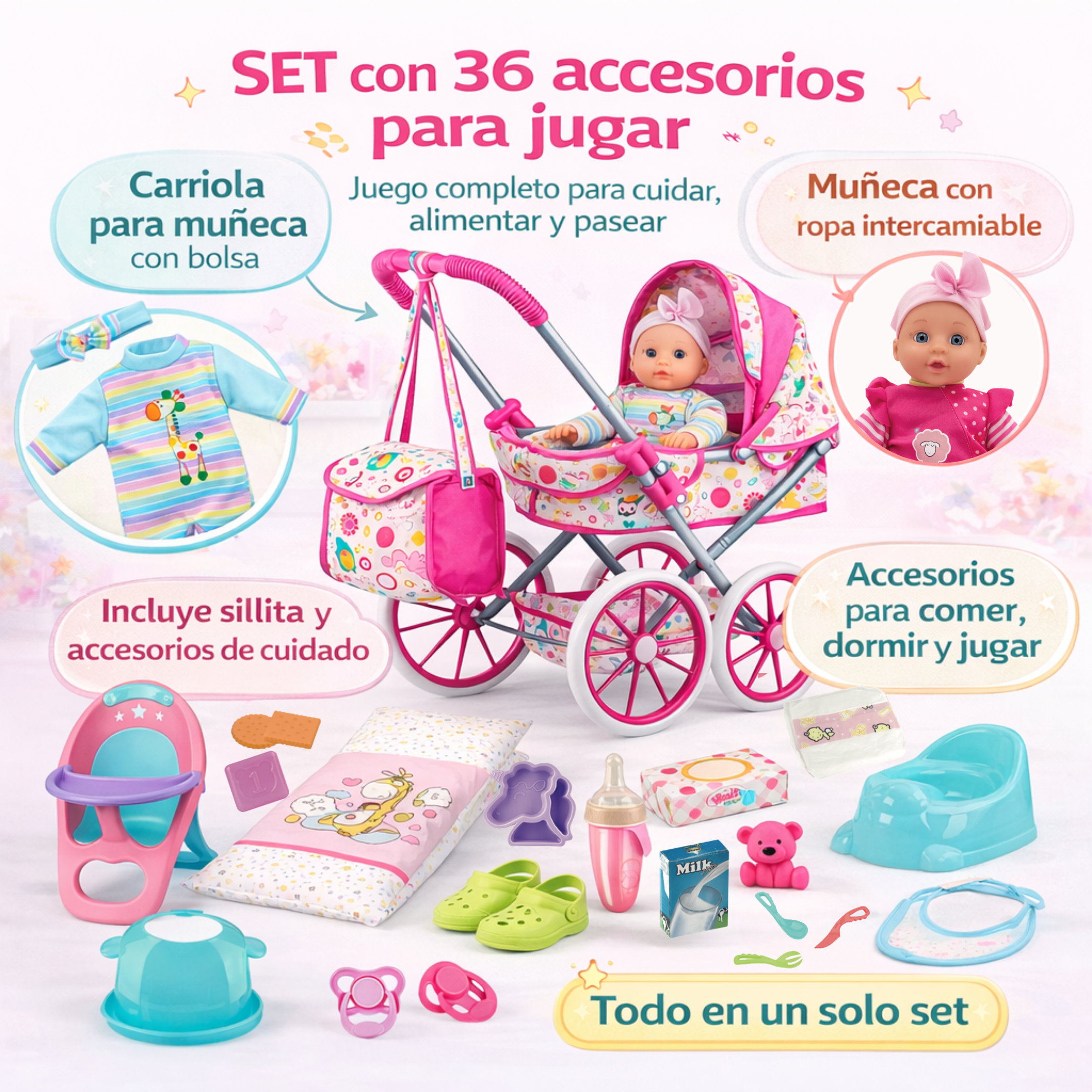 Set de Muñeca Bebé con Carriola y Accesorios