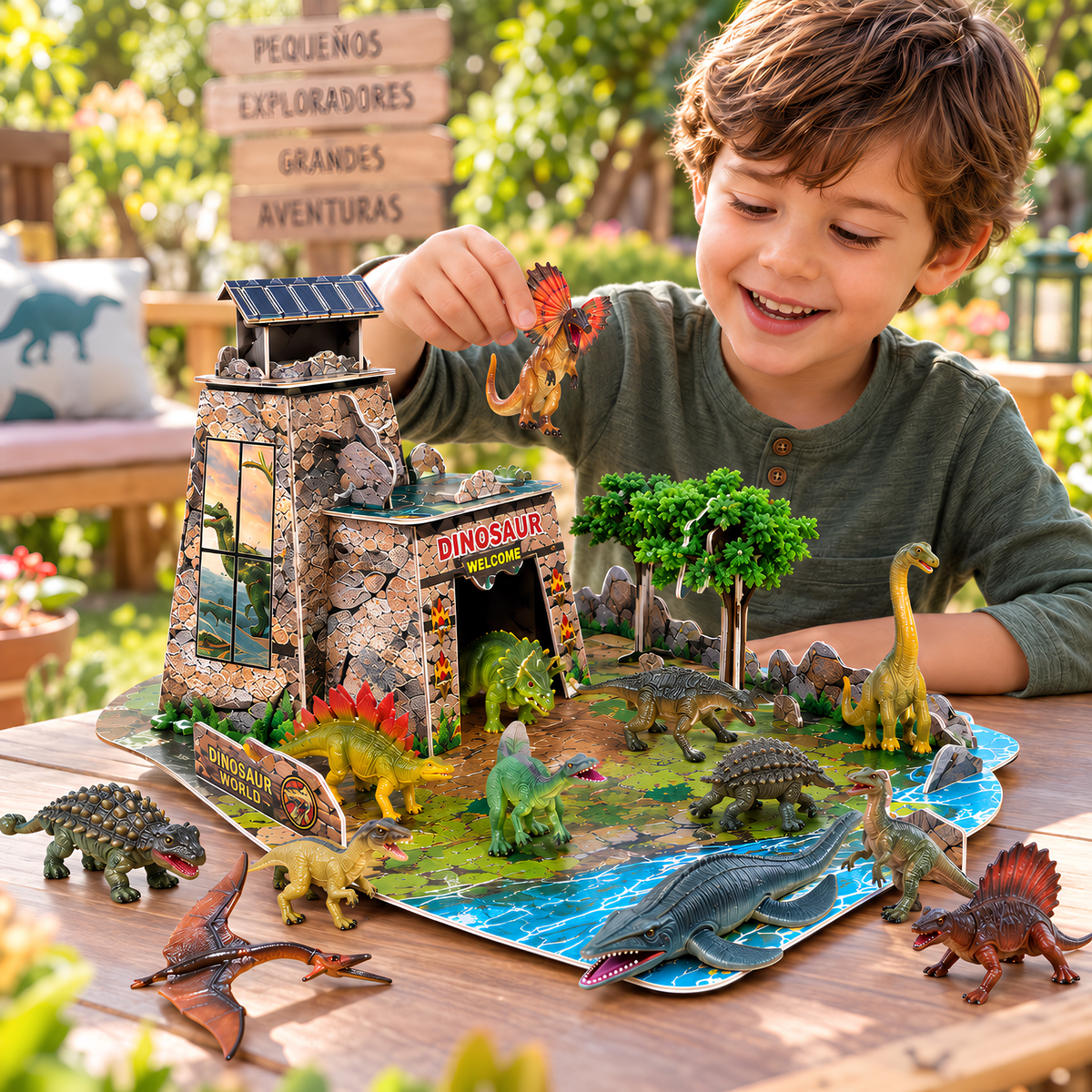 Dinosaurios de Juguete para Niños, Set de 32 Figuras de Dinosaurios + Escenario 3D para Armar, 59 Piezas, Juego de Dinosaurios