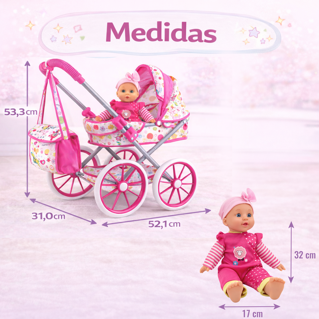 Set de Muñeca Bebé con Carriola y Accesorios
