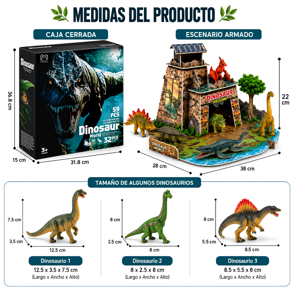 Dinosaurios de Juguete para Niños, Set de 32 Figuras de Dinosaurios + Escenario 3D para Armar, 59 Piezas, Juego de Dinosaurios