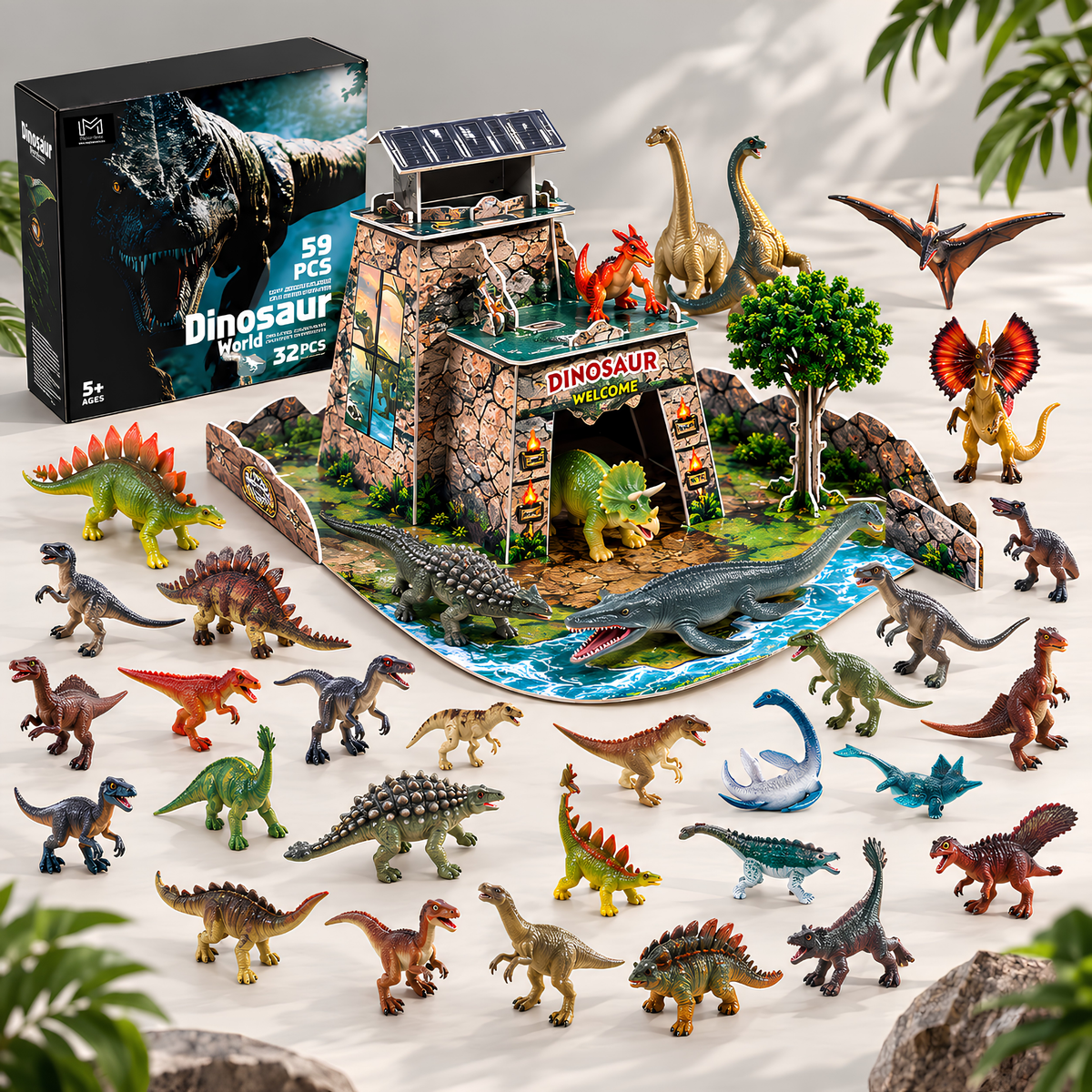 Dinosaurios de Juguete para Niños, Set de 32 Figuras de Dinosaurios + Escenario 3D para Armar, 59 Piezas, Juego de Dinosaurios