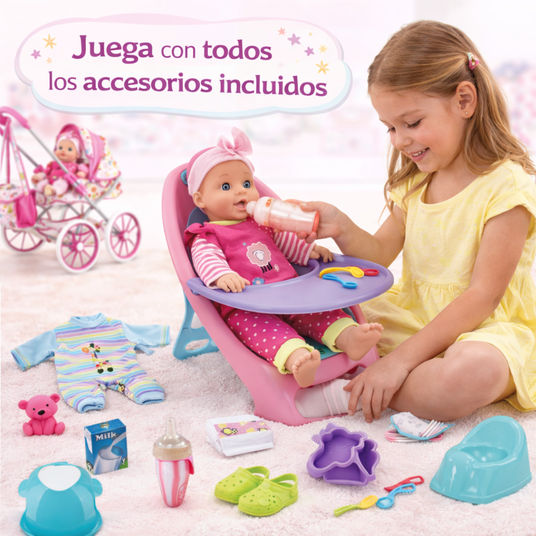 Set de Muñeca Bebé con Carriola y Accesorios