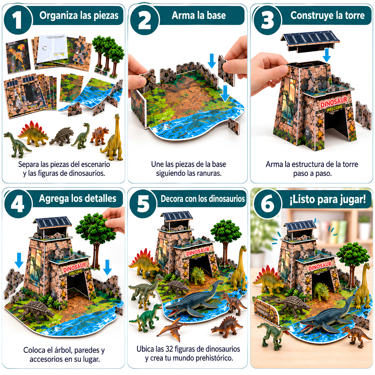 Dinosaurios de Juguete para Niños, Set de 32 Figuras de Dinosaurios + Escenario 3D para Armar, 59 Piezas, Juego de Dinosaurios